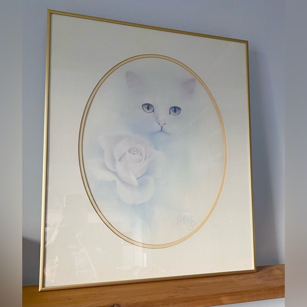 1980s Framed Cat and Rose Art Print Bob Harrison Gold Frame Print Whimsical Art